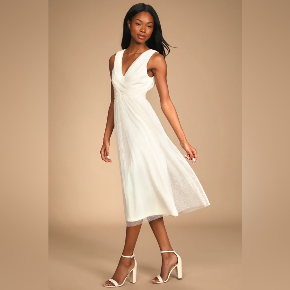 NWT! Lulus Mesmerized By You Cream Dotted Tulle Midi Dress